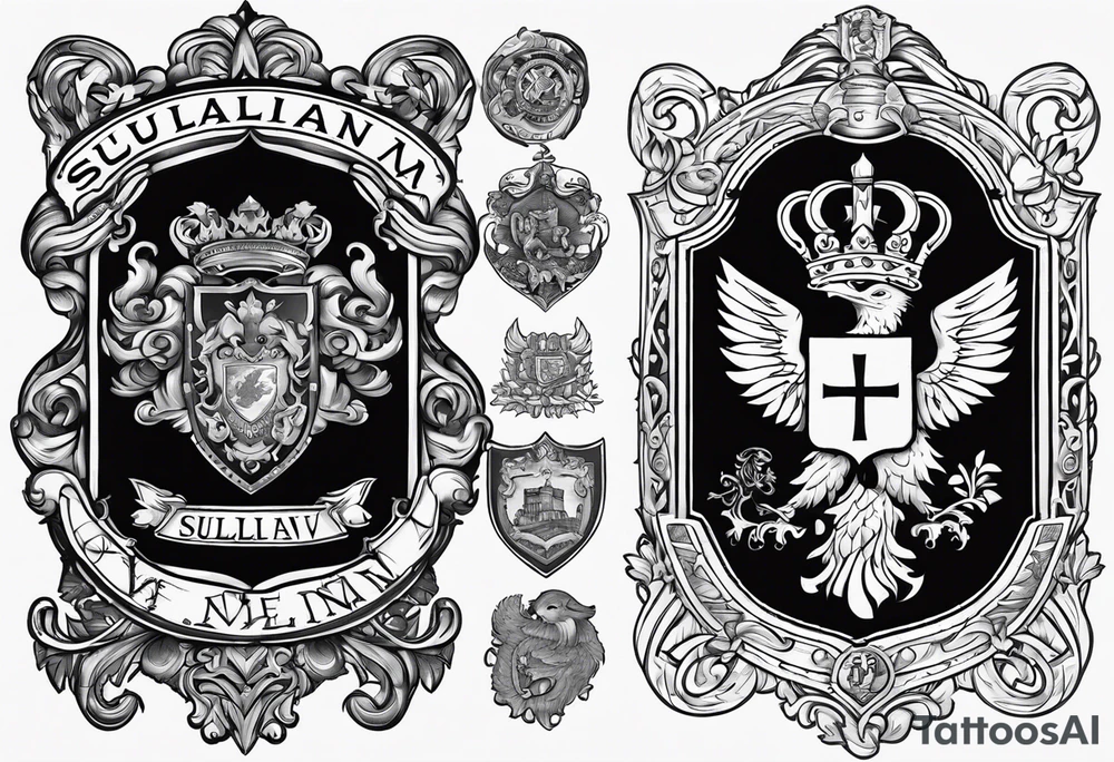 Sullivan family crest and Lopez family crest blended in with each other tattoo idea