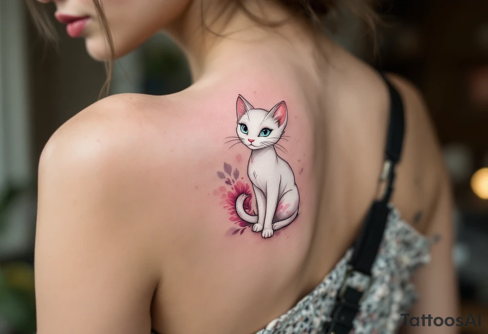 A dainty tattoo of the white cat Marie from The Aristocats in soft shades of pink and gray. tattoo idea