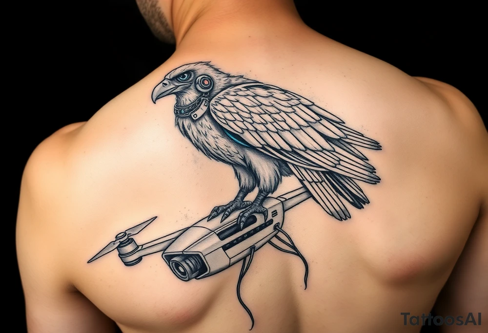 Cybernetic Vulture Perched on a Broken Drone
A scavenger bird with cybernetic enhancements, glowing eyes, and metal talons.
Perched on a busted surveillance drone, wires hanging loose like entrails.
Symbolizes survival in a tech-ravaged world. tattoo idea