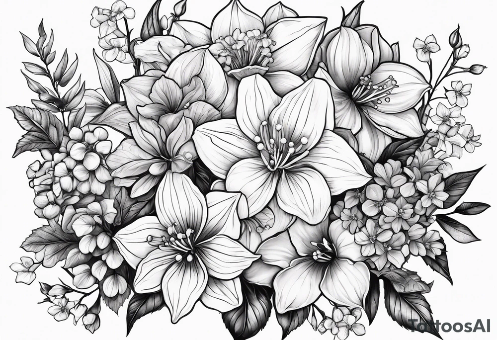 Hydrangea, Narcissus, Poinsettia, Holly, Gladiolus, Poppy, Daisy, Sweet Pea floral tattoo idea