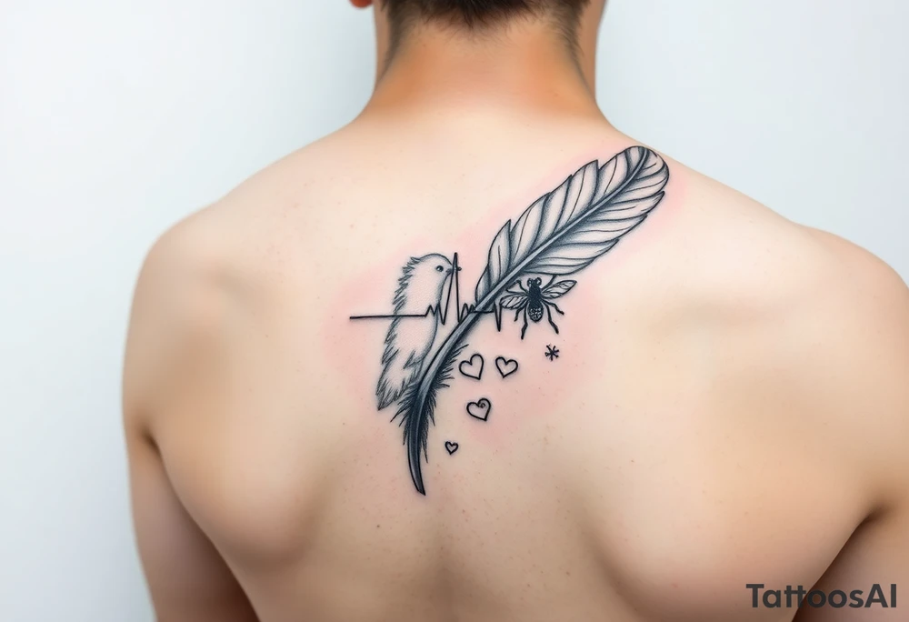 A fine-line feather as the main form with a phoenix rising subtly from the feather’s tail, flowing upward. An ECG heartbeat line integrated naturally into the feather’s spine. within the feather Embedded tiny symbols: A ballet pointe shoe with ribbon, A paper crane, A heart with a musical note , a worker bee and a black swan. 
Mainly back fine line with Soft watercolour accents in blush pink, sage green, with gentle golden or teal touches tattoo idea