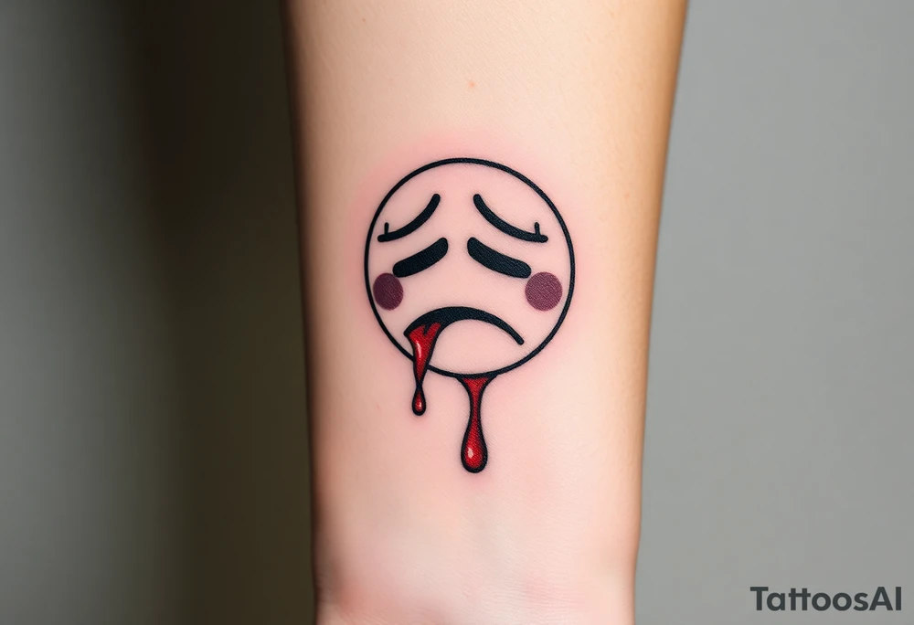 Crying emoji with realistic stitching on its face leaking blood tattoo idea