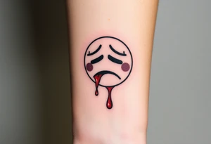 Crying emoji with realistic stitching on its face leaking blood tattoo idea