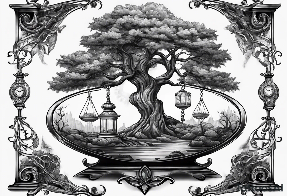 tattoo drawing of a tree on top a hour glass tattoo idea