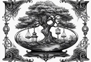 tattoo drawing of a tree on top a hour glass tattoo idea