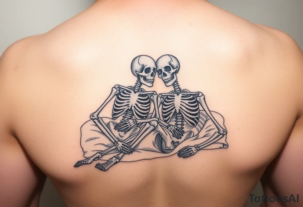 2 skeletons lying in a bed together in a traditional style tattoo idea