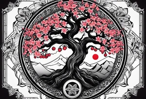 yggdrasil, five or six cherry tree flower on the upper left, the logo of tommorowland, and on the background a geometrical shape tattoo idea