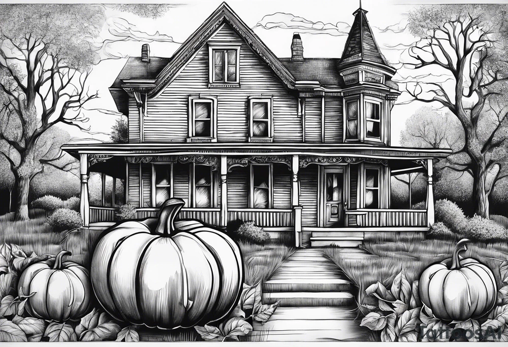 Midwestern street in fall with Halloween pumpkin tattoo idea