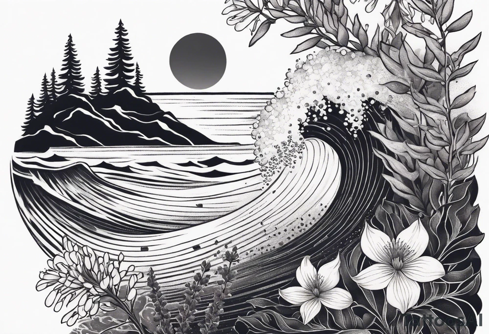 ocean wave surrounded by lupin and fireweed tattoo idea