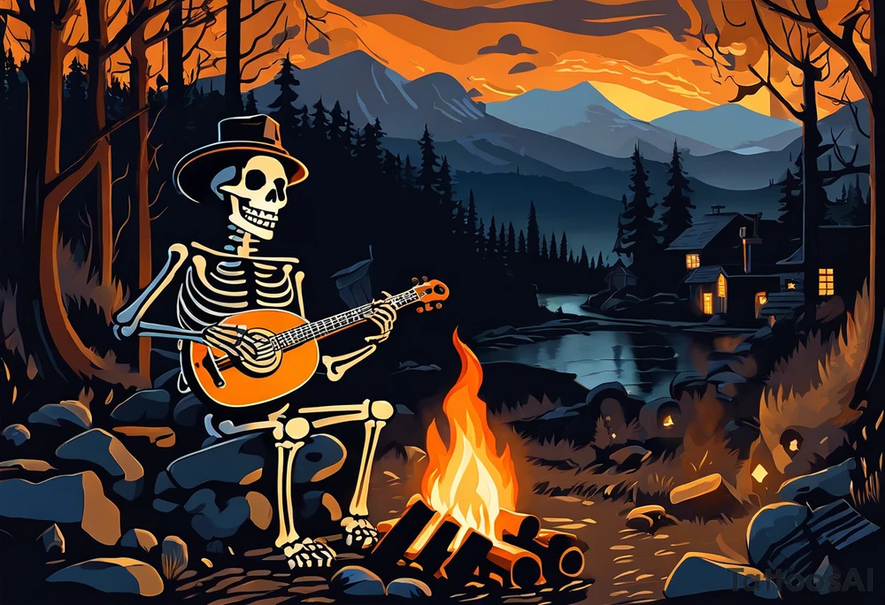 Foreground: The skeleton in a coal miner's hat, animatedly playing the banjo. The light from the campfire illuminates the skeleton and the nearby surroundings, casting intricate shadows.
Midground: The glowing campfire, with flames realistically designed in black and grey shades to emphasize movement and light.
Background: Subtle outlines and shading of rhododendron plants, giving a natural and dense feel to the woods. These can be stylized to blend seamlessly with the style of the tattoo.
Sky: A night sky speckled with stars, adding depth and a sense of time to the scene, with the stars providing a contrast against the dark sky. tattoo idea