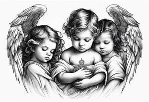 angels praying together. Three boy angels  and three girl angel, with their wings gently enfolding a baby angel in a protective embrace tattoo idea