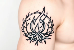 a round flame imprisoned in a roots circle tattoo idea