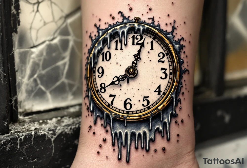 Tim Burton’s melting clock drips over a cracked windowsill, with distorted numbers in antique gold and shadowy gray. tattoo idea