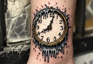 Tim Burton’s melting clock drips over a cracked windowsill, with distorted numbers in antique gold and shadowy gray. tattoo idea