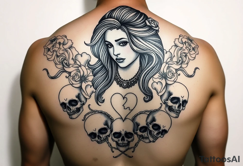 Chola sadgirl surrounded by mandala smoke and skulls with broken hearts tattoo idea