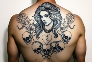 Chola sadgirl surrounded by mandala smoke and skulls with broken hearts tattoo idea