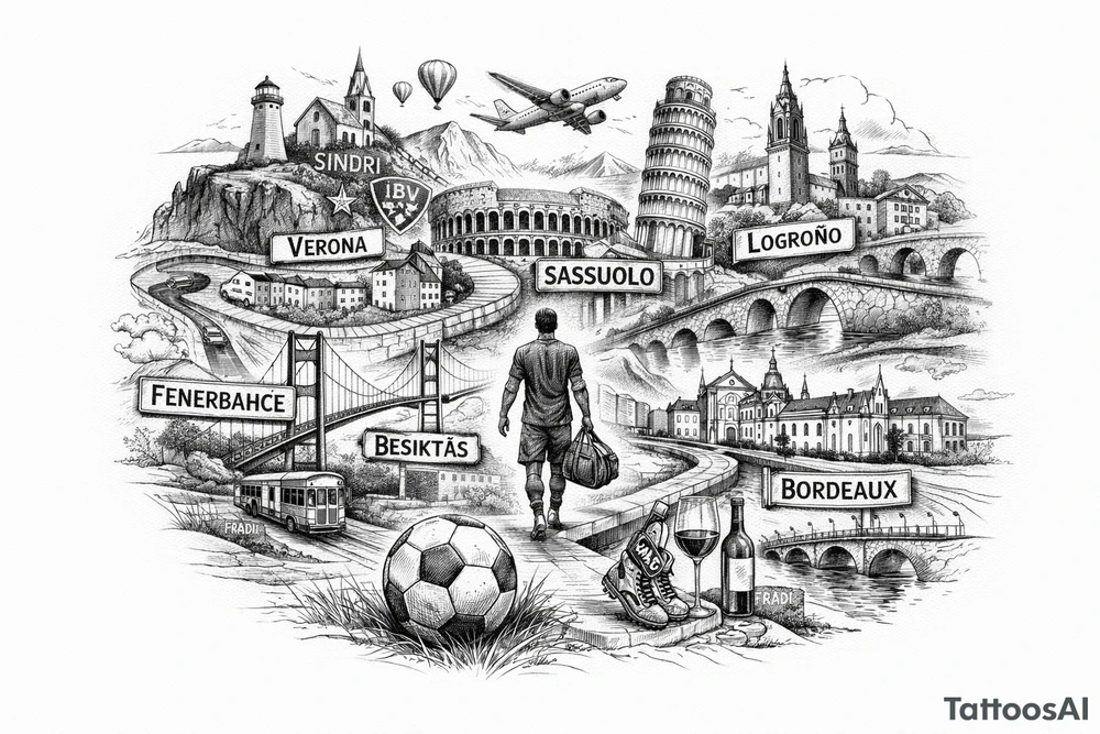 Iceland x3 (sindri, ibv, stjarnan) Italy x2 (Verona, Sassuolo) Spain (Logrono) Turkey x2 (Fenerbahce, Besiktas) Hungary (Fradi) France (Bordeaux) Something to do with football journey, Fine line surreal style want it to be unique and different so no badges tattoo idea