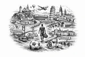 Iceland x3 (sindri, ibv, stjarnan) Italy x2 (Verona, Sassuolo) Spain (Logrono) Turkey x2 (Fenerbahce, Besiktas) Hungary (Fradi) France (Bordeaux) Something to do with football journey, Fine line surreal style want it to be unique and different so no badges tattoo idea