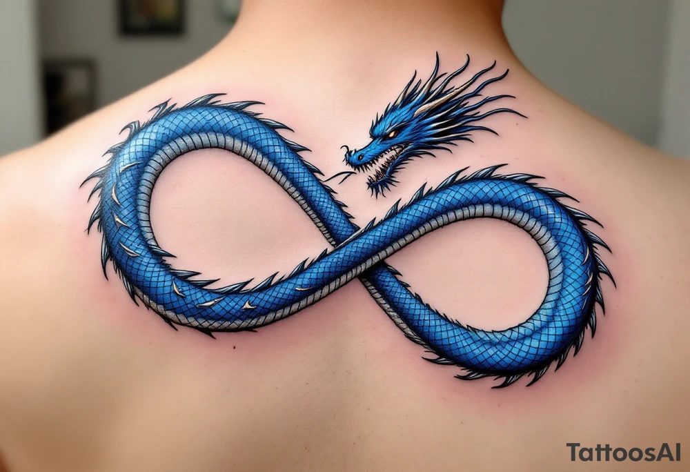 The design features a dragon, coiled in the shape of the infinity symbol (sideways number "8"). The dragon is depicted eating its own tail, symbolizing eternity and continuity, inspired by the Ouroboros.

Details:

The dragon's body has vibrant, glossy blue scales, with a smooth and polished texture.
It maintains a clean, balanced shape in the infinity figure, with sharp details and elegant flow.
Style:

The focus remains on the dragon's form, with no additional background elements to keep the design minimal and modern. tattoo idea