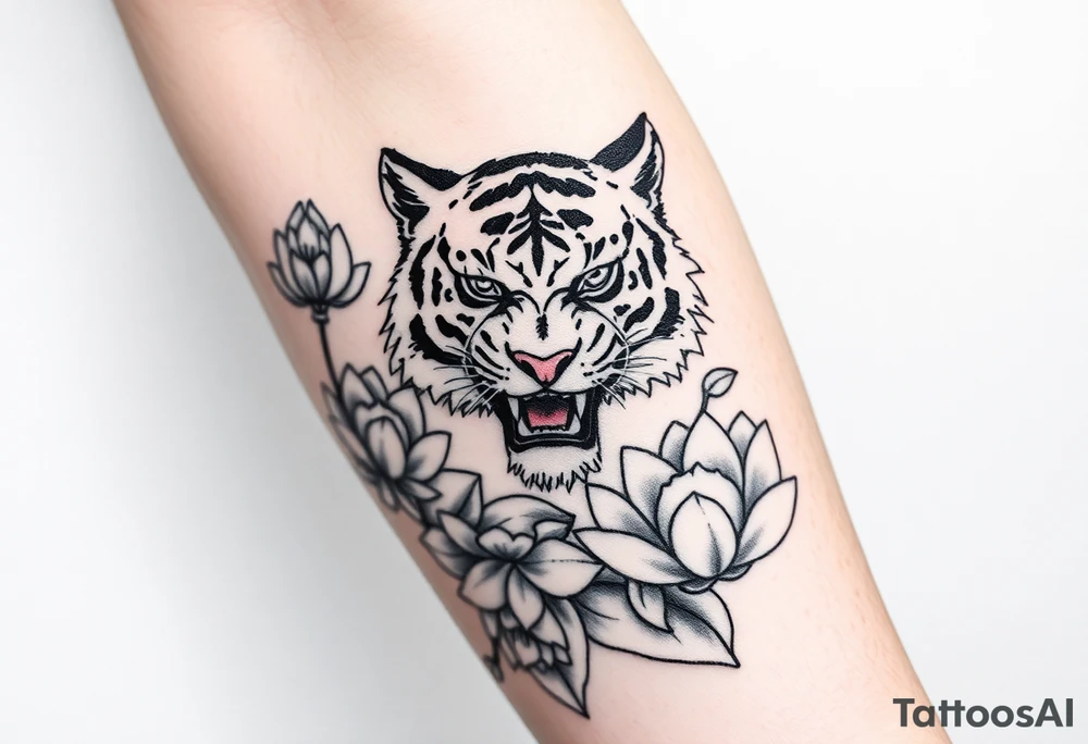 fierce tiger emerging through blooming lotus flowers in mist tattoo idea