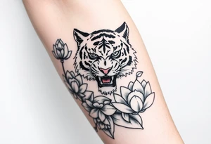 fierce tiger emerging through blooming lotus flowers in mist tattoo idea