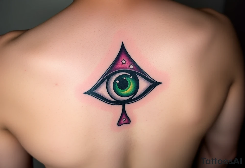Large outline of an eye almond shaped with the eyeball part shaped like an ace of spades + eyecolor greenish blue with a crescent moon stars and clouds inside of the spade eyeball using vivid colora like green purple and blue tattoo idea