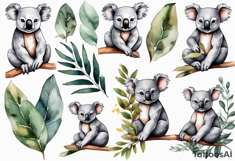 Cartoon koala sitting on wattle and eucalyptus leaves tattoo idea
