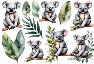 Cartoon koala sitting on wattle and eucalyptus leaves tattoo idea