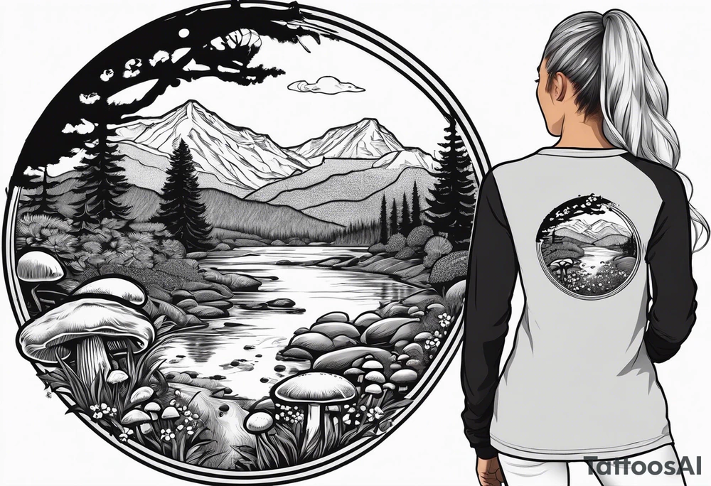 Whole picture encircled fully

Straight long blonde hair hippie girl in distance holding mushrooms in hand facing away toward mountains and creek surrounded by mushrooms long sleeve shirt and hiking pants; whole rendering within a full circle, no cut off circle tattoo idea