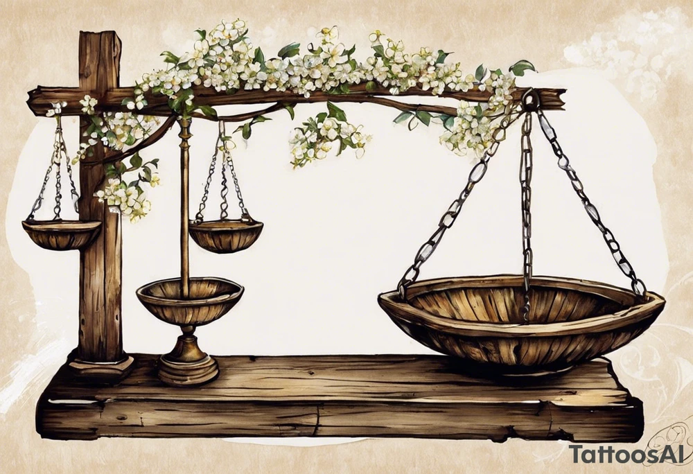 I need you to draw me a old libra scale out of tattered wood. The ends of the cross of wood need to be  broken. I need the bottom to look tattered possible cracks and holes  in wood of scale. I need vines with little white flowers wrapped all the way up the scale across the wood beam. And I want the scale bowls need to be attached by the vines. And I want the two weights of the scale to be wooden as well. They also need to look tattered. The weights need to be fastened on by the vines. I need to make it look like the ends of the vines on both scales is just loosely. I need to incorporate pieces koi fish in beautiful blues greens, and pinks.The fish need to be one on each scale balancing the scale and the tail of the left on, pointing down. the beautiful fish tail fins needs to be covering part of the tattered piece and the fish on the rights tail will be facing unpard with the fin of beauty starting to court the same pic the pieces fish need to be placed in the scale bowls the need to of large size to so theyv  Fill each scale and are persuading out the bowls

Why aren't you adding the pieces fish swimming in opposite directions one on each bowl tattoo idea