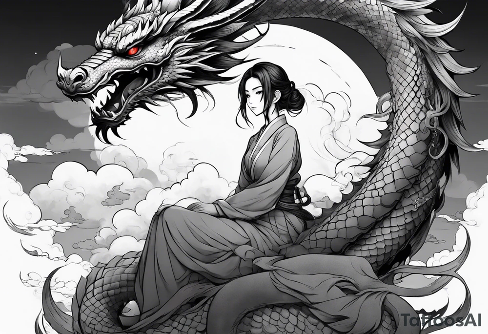 an anime girl sitting on a asian dragon surrounded by cloud tattoo idea