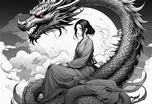 an anime girl sitting on a asian dragon surrounded by cloud tattoo idea