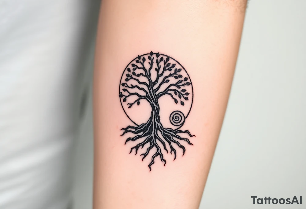 Tree inside of sun, spiral moving roots to the right tattoo idea