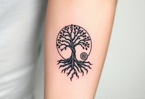 Tree inside of sun, spiral moving roots to the right tattoo idea