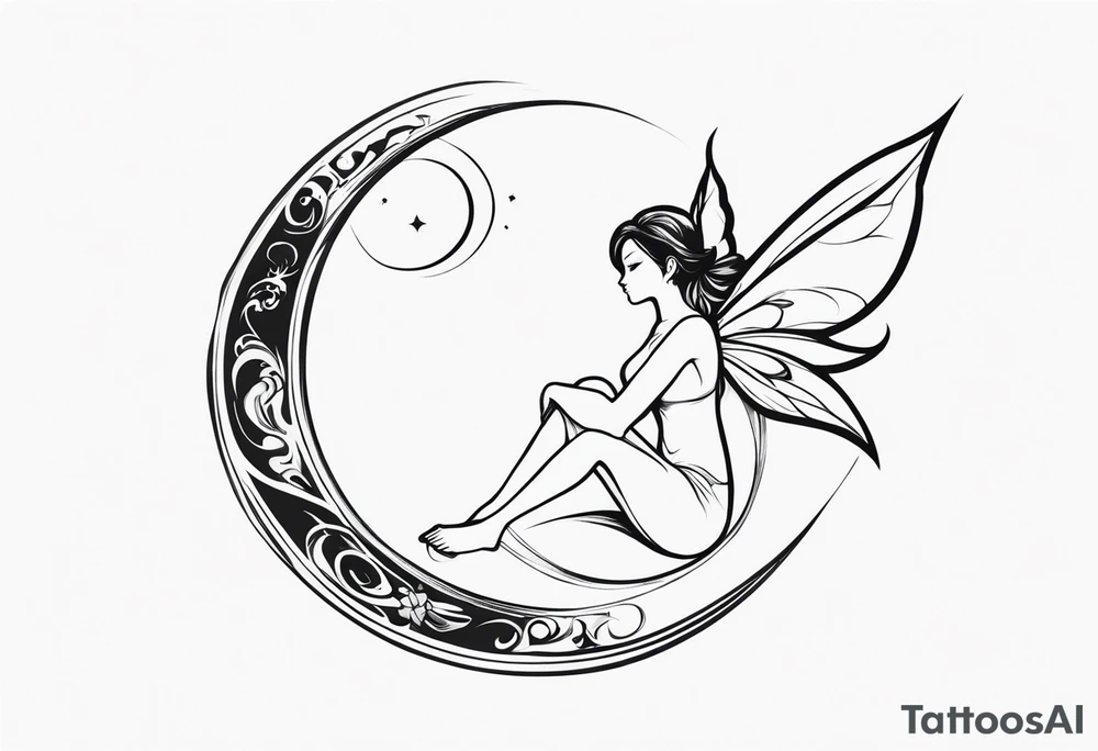 Minimalistic, monochromatic fairy with a tail flying to the left in a fetal position, leaning and looking in the same direction, with visible hands, embodying the 'Fairy Tail' logo aesthetic. tattoo idea