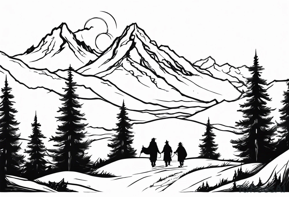 Fellowship of the ring walking with mountains and trees tattoo idea