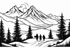 Fellowship of the ring walking with mountains and trees tattoo idea