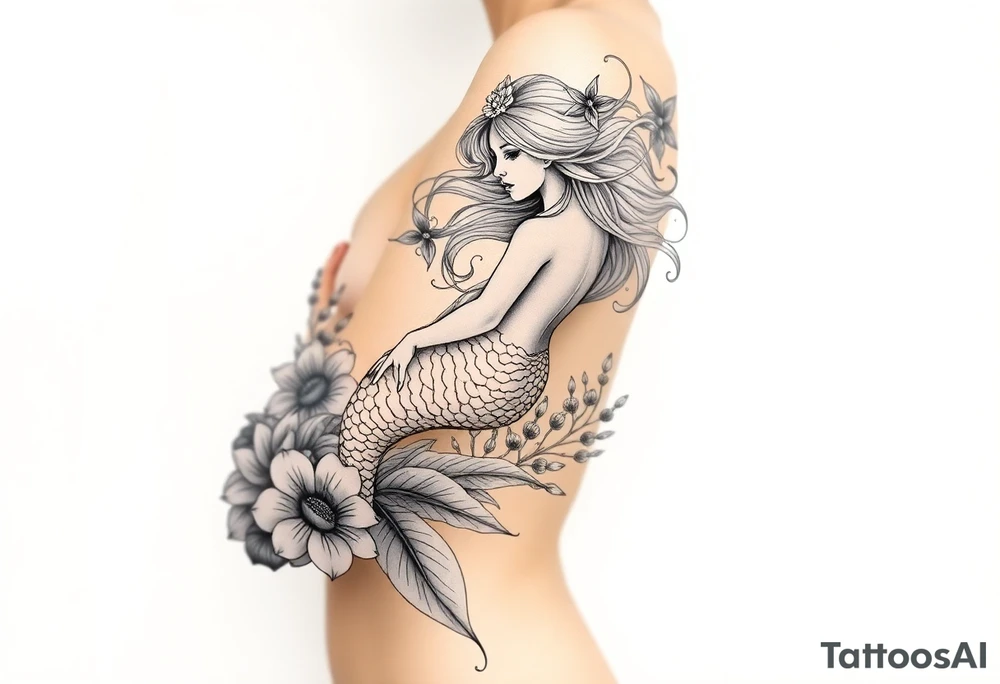 ethereal mermaid with flowing hair among coral and sea flowers tattoo idea