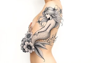 ethereal mermaid with flowing hair among coral and sea flowers tattoo idea