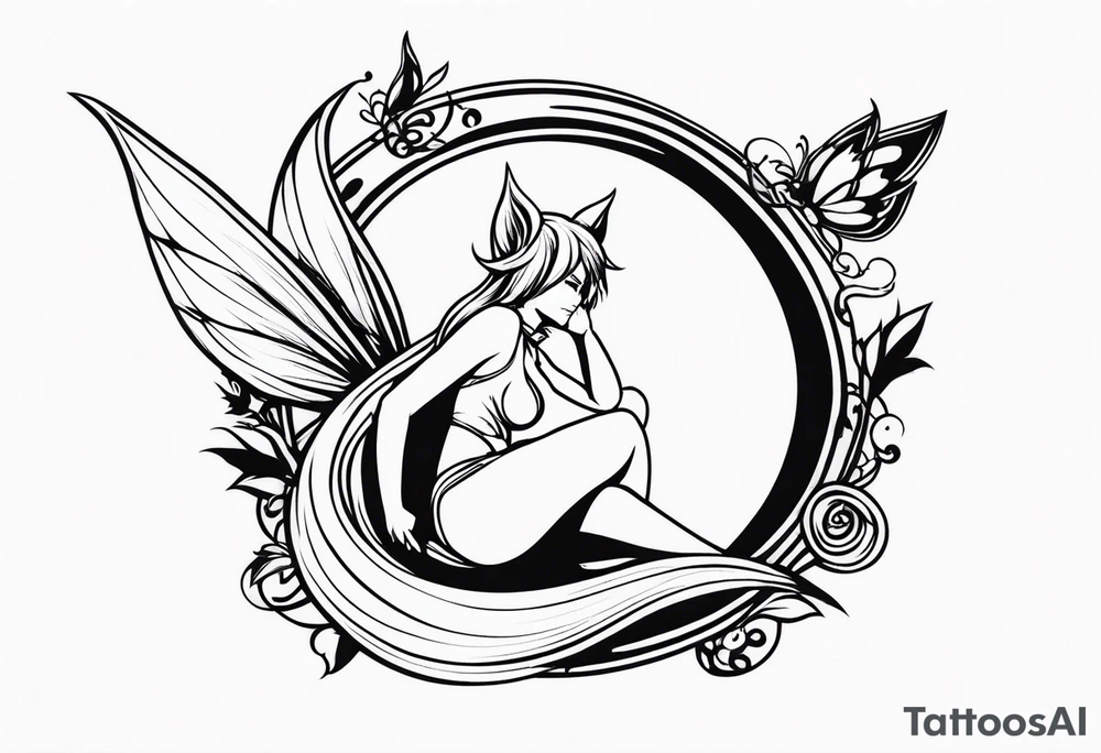 A fairy with a tail inspired by the logo of the show called Fairy Tail in a fetal position leaning in tattoo idea