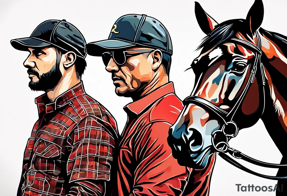 father and son with horse racing in background. tattoo idea