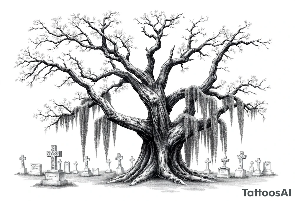 Laurel oak with Spanish moss in a cemetery tattoo idea