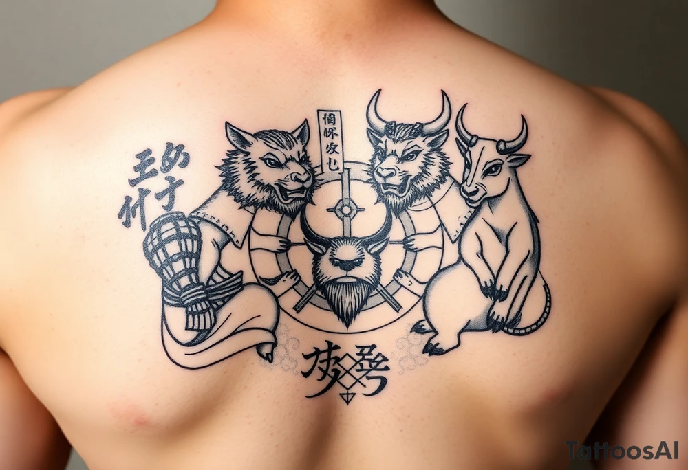 Chinese zodiac animals: rat, dog, goat, and ox all dressed up Samurai warrior style in a circular formation in Japanese setting tattoo idea