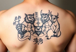 Chinese zodiac animals: rat, dog, goat, and ox all dressed up Samurai warrior style in a circular formation in Japanese setting tattoo idea