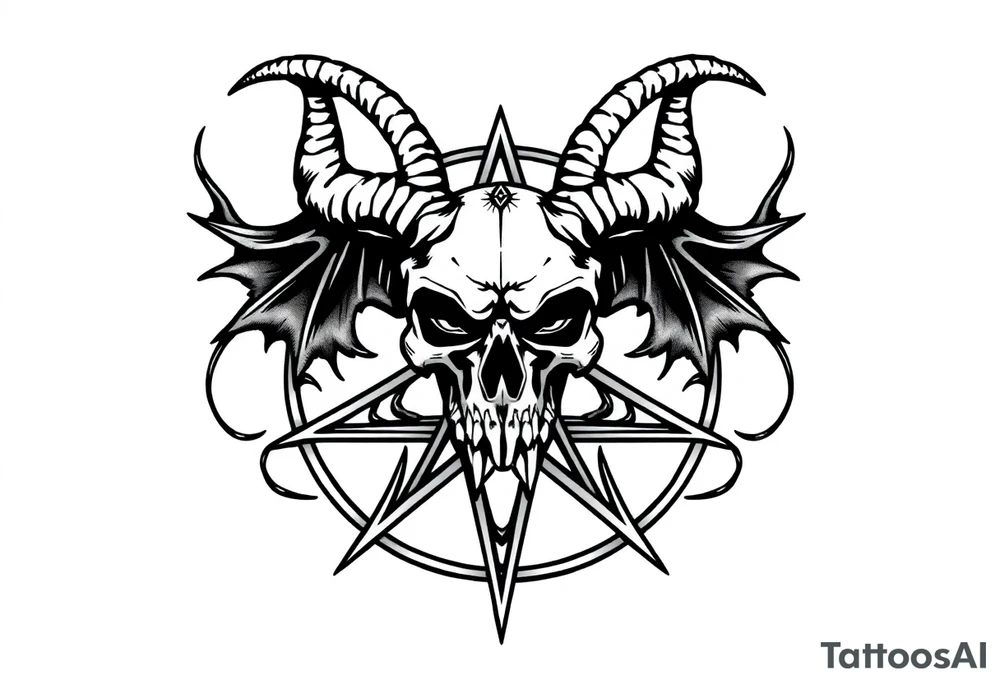 Baphomet skull over a pentagram surrounded by jagged flowing lines tattoo idea