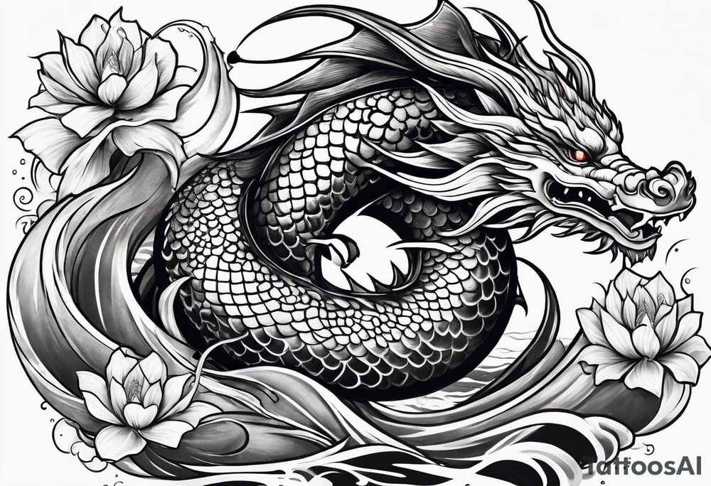 Tattoo representing strength and overcoming obstacles, featuring dragon and koi fish tattoo idea