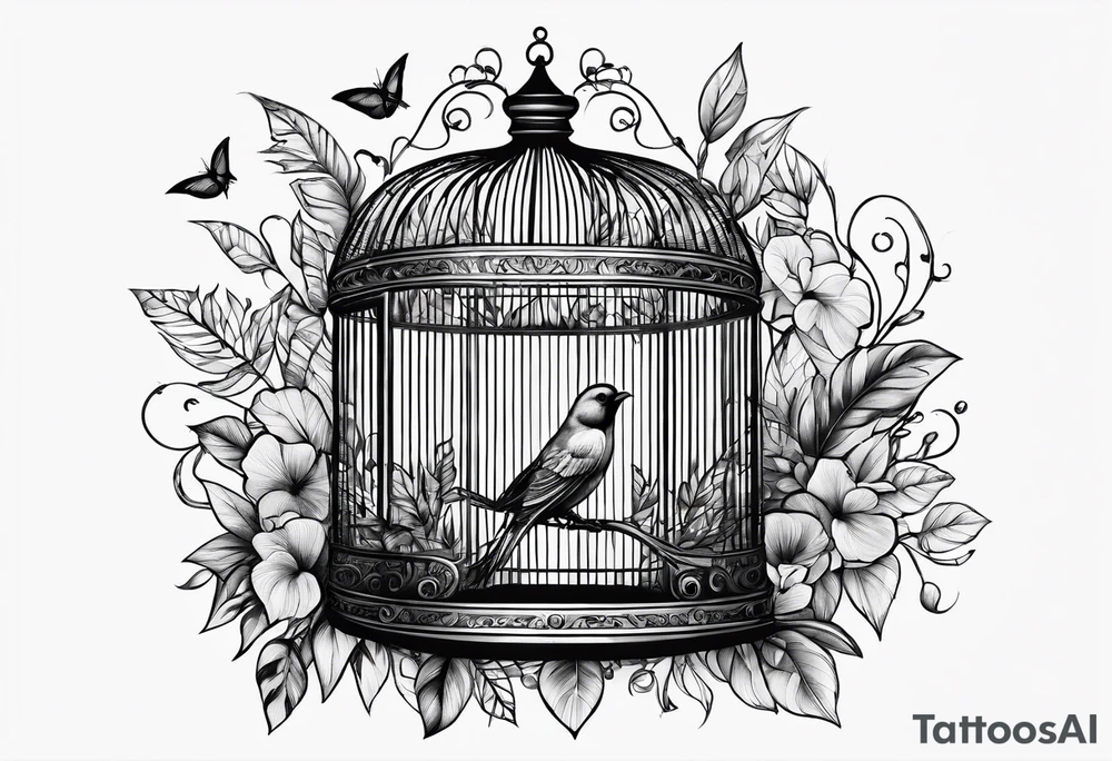 bird cage decorated with sketchy foliage on top on the left tattoo idea