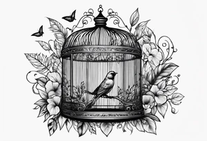 bird cage decorated with sketchy foliage on top on the left tattoo idea
