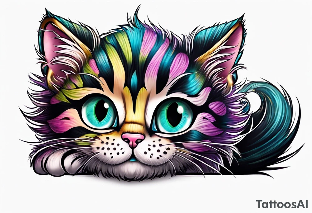 Cute Maine coon kitten dressed like Cheshire cat tattoo idea