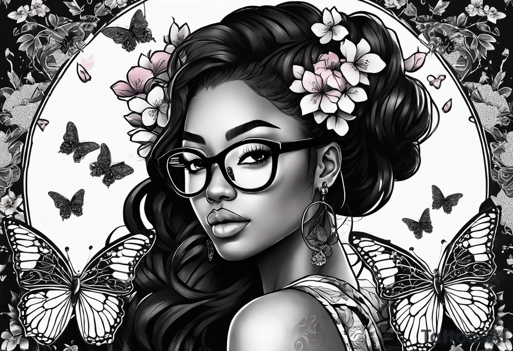 Black dark-skinned Female with glasses with butterflies and sakura blossoms around her with the lettering " Nisha " Underneath lettering "Nisha" Underneath. tattoo idea